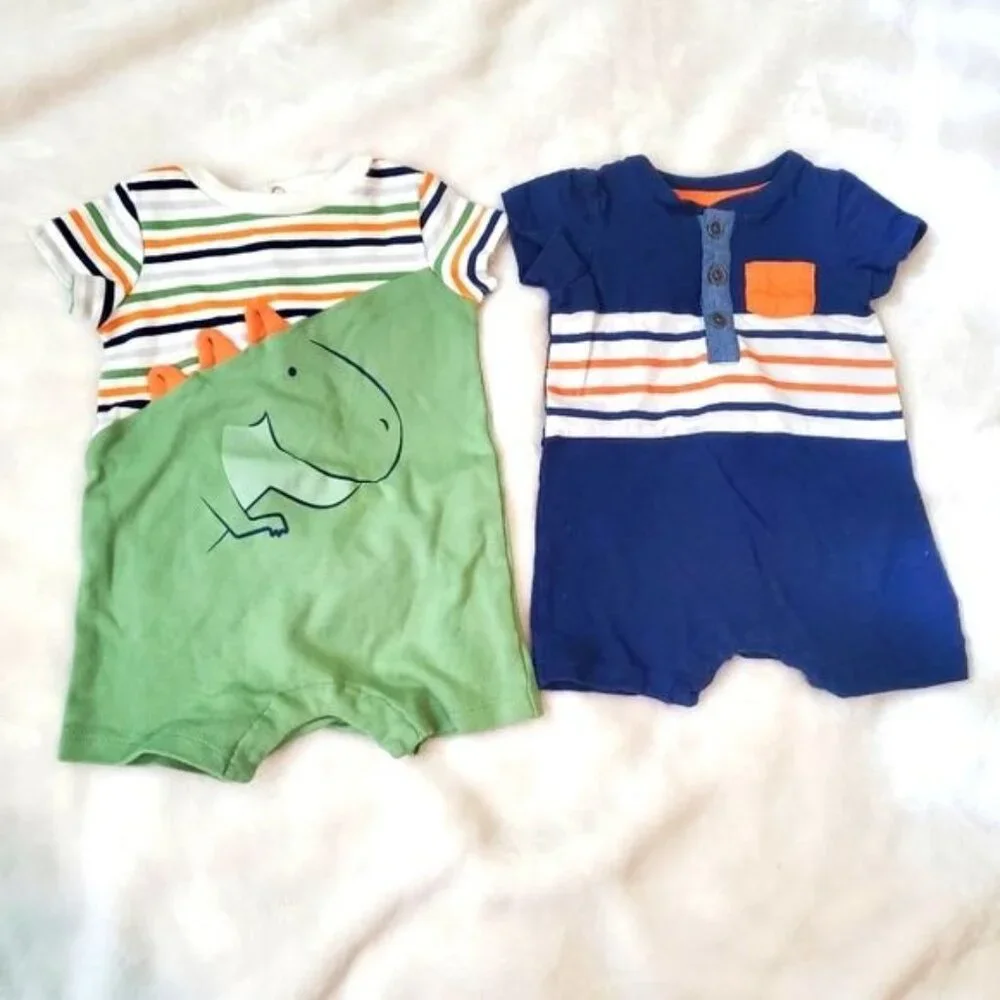 Kids Headquarters Rompers 3 Months set of two striped shorts green blue dinosaur